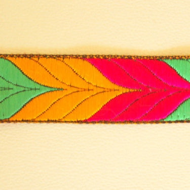 Jacquard Weave Trimming, Yellow, Green And Fuchsia Pink Thread Embroidered Lace Trim